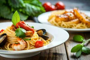 spaghetti avec Fruit de mer et des légumes sur une en bois tableau. généré par ai photo