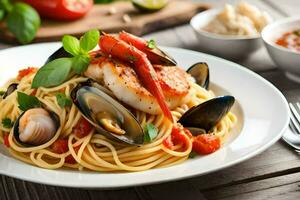 une assiette de Pâtes avec Fruit de mer et des légumes. généré par ai photo