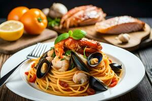 une assiette de Pâtes avec Fruit de mer et des légumes. généré par ai photo