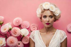 magnifique blond femme avec fleurs dans sa cheveux. généré par ai photo