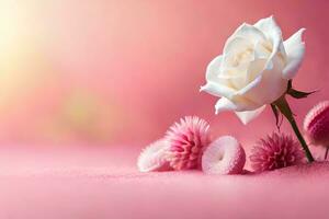 une Célibataire blanc Rose est séance sur une rose Contexte. généré par ai photo