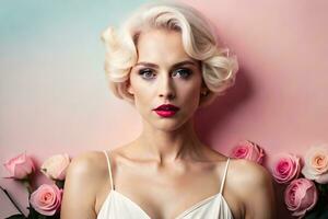 une femme avec court cheveux et rose rouge à lèvres. généré par ai photo