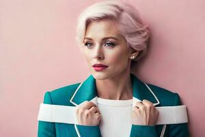 une femme avec une blanc chemise et bleu veste. généré par ai photo