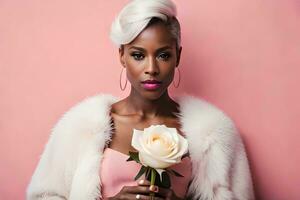 une femme avec blanc cheveux et rose robe en portant une Rose. généré par ai photo