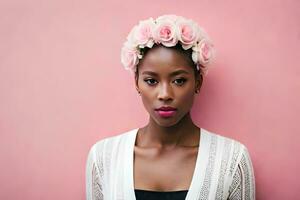 magnifique africain américain femme portant rose fleur couronne. généré par ai photo