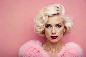 une femme avec brillant rouge lèvres et rose cheveux. généré par ai photo