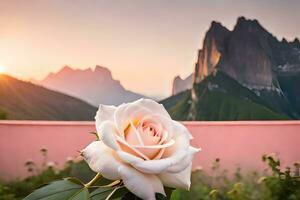 une Rose dans de face de une Montagne à le coucher du soleil. généré par ai photo