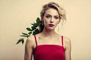 une magnifique femme dans une rouge robe avec vert feuilles. généré par ai photo