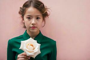 une Jeune fille en portant une blanc Rose. généré par ai photo