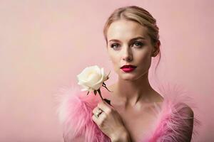 une femme dans une rose robe en portant une Rose. généré par ai photo