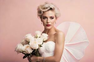 une femme dans une mariage robe en portant blanc des roses. généré par ai photo