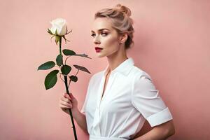 magnifique blond femme en portant une Rose contre rose Contexte. généré par ai photo