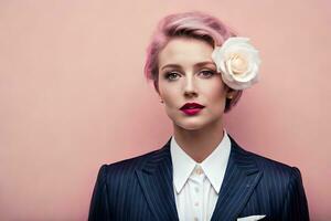 une femme avec rose cheveux et une blanc fleur dans sa cheveux. généré par ai photo