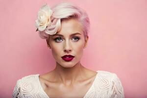 une femme avec rose cheveux et une fleur dans sa cheveux. généré par ai photo