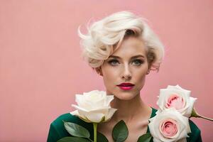 une femme avec court blond cheveux et rose lèvres en portant des roses. généré par ai photo