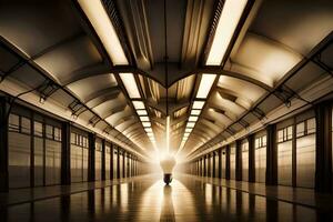 une homme des promenades par une longue tunnel avec lumière à venir de le plafond. généré par ai photo
