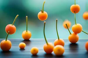 Orange cerises chute de le ciel. généré par ai photo