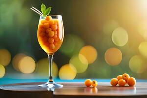 une verre de Orange jus avec baies sur le tableau. généré par ai photo