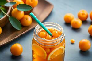 une pot de Orange jus avec une vert paille et une bol de Frais fruit. généré par ai photo