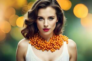 magnifique femme avec Orange perles sur sa cou. généré par ai photo
