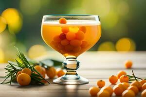 une verre de Orange jus avec baies sur le tableau. généré par ai photo