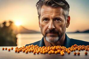 une homme avec une barbe et une bol de des oranges. généré par ai photo