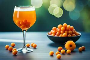 une verre de Orange jus avec une bol de cerises. généré par ai photo