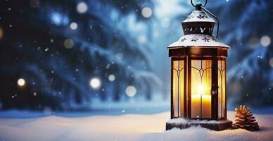Noël lanterne sur neige avec sapin branche dans soir scène. génératif ai photo