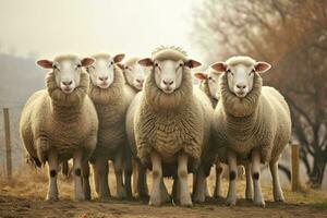 une groupe de mouton permanent en plein air. génératif ai photo