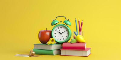 pop art illustration de école accessoires avec pommes, livres, et un alarme l'horloge sur le école Contexte. retour à école concept. 3d le rendu, ai génératif photo