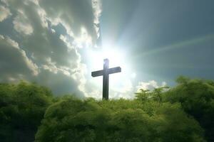 le traverser de Dieu avec vert feuille, dans le des rayons de le Soleil et bleu ciel. traverser sur le colline avec vert des arbres et vert Naturel voir. religieux concept, ai génératif photo