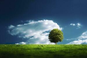 vert champ et arbre sur bleu ciel. ai génératif photo