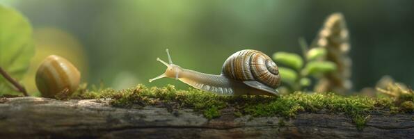 une périple par le forêt. fermer de une escargot dans le forêt avec Naturel Contexte. ai génératif photo