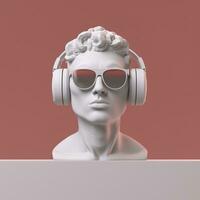 minimal scène de des lunettes de soleil et écouteurs sur Humain tête sculpture, la musique concept, 3d le rendu. ai génératif photo