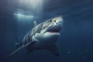 le Roi de le océan, le génial blanc Masculin requin chasseur sous-marin voir, guadalupe île, Mexique. ai génératif photo