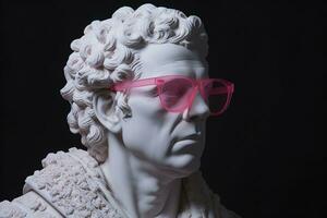 le tête de une blanc mythologique statue avec à la mode rose des lunettes sur le sien yeux, Cadre dans profil. ai génératif photo