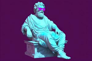 une blanc statue de Platon dans une cool pose, portant magenta et cyan 3d lunettes, prêt à faire la fête. ai génératif photo