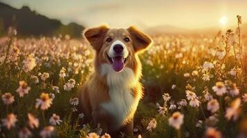 charmant corgi chien avec fleurs dans le printemps. génératif ai photo