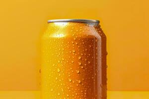 pouvez de Frais un soda avec l'eau gouttes sur Orange arrière-plan, fermer. génératif ai photo