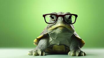 une mignonne peu vert tortue avec lunettes, produire ai photo