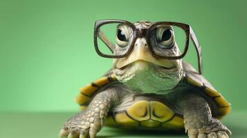 une mignonne peu vert tortue avec lunettes, produire ai photo