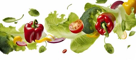 chute légumes, salade de cloche poivre, tomate, et salade feuilles. génératif ai photo