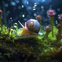 iridescent escargot dans une Fée forêt, proche en haut de une chatoyant coquille. ai génératif photo