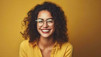 une femme avec frisé cheveux et des lunettes souriant. ai génératif photo