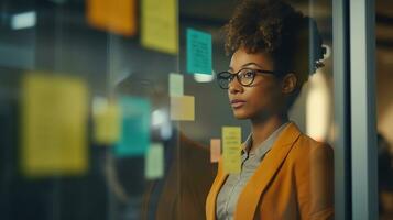 une femme dans des lunettes à la recherche à une mur avec gluant Remarques. ai génératif photo