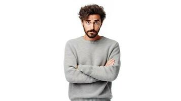 une homme avec une barbe et chandail permanent avec le sien bras franchi. ai génératif photo