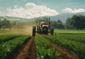 agricole tracteur avec pièces jointes disques par ferme champ et agricole Contexte. génératif ai photo