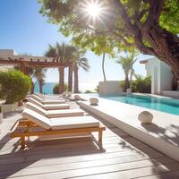 une blanc plate-forme avec salon chaises et une piscine, ai génératif photo