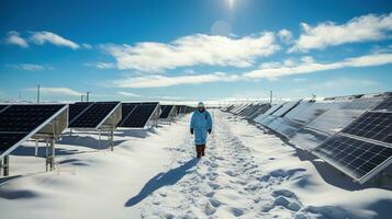 une la personne en marchant dans le neige près solaire panneaux. génératif ai photo