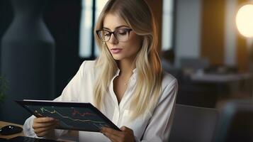 une femme dans des lunettes est à la recherche à une graphique sur une tablette. ai génératif photo